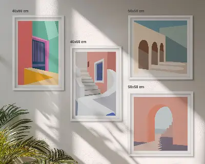 Tavelvägg med moderna byggnader färgglad design för väggen ovanför soffan