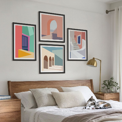 Tavelvägg ovanför soffa Färgglada moderna byggnader
