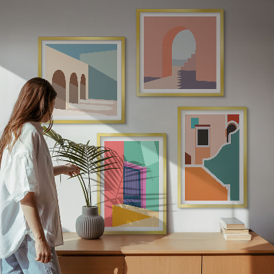 Set om 4 tavlor Färgglada illustrationer av staden