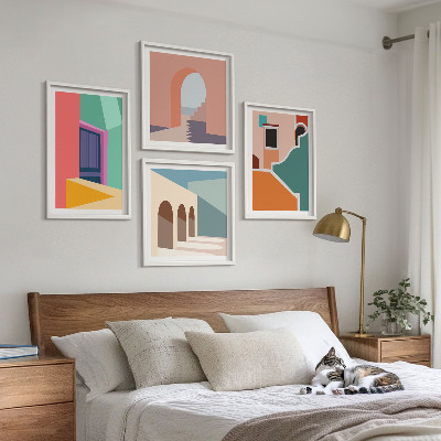 Set om 4 tavlor Färgglada illustrationer av staden