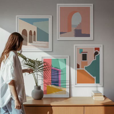 Set om 4 tavlor Färgglada illustrationer av staden