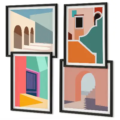 Färgglada stadsillustrationer set med 4 tavlor