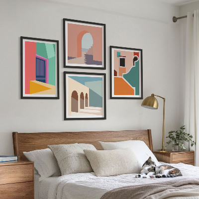 Set om 4 tavlor Färgglada illustrationer av staden