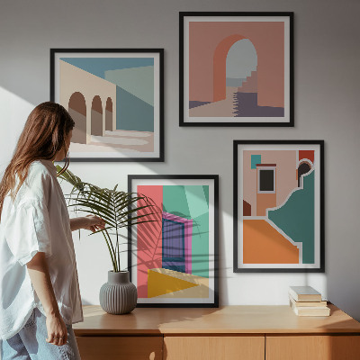 Set om 4 tavlor Färgglada illustrationer av staden