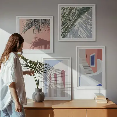 Illustrationer av stadsarkitektur set om 4 tavlor