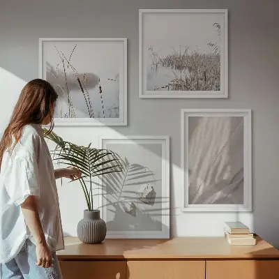 Tavelvägg med 4 tavlor närbilder av boho-stilstrukturer