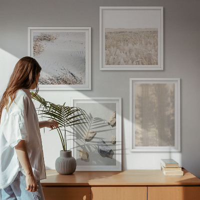 Tavelvägg ovanför soffa Boho naturliga texturer