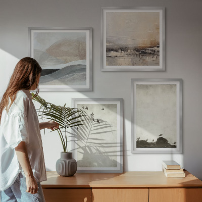 Tavelvägg med 4 tavlor Fåglar stenar penseldrag dekorationer