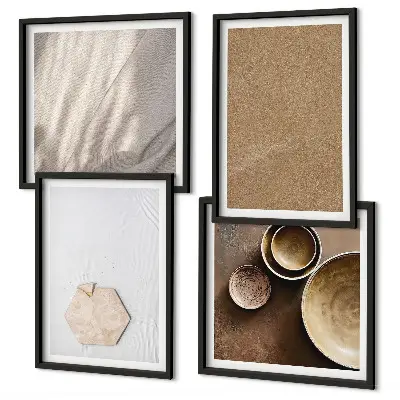Tavelvägg ovanför soffa i minimalistisk stil med varma texturer