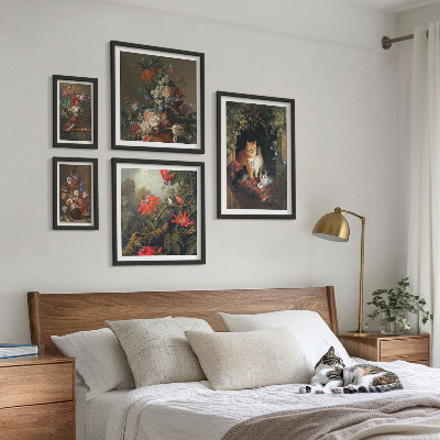 Set om 5 tavlor Blommiga katter i vintagestil