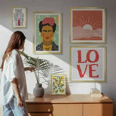 Väggdekoration i form av tavelset väggmotiv med boho-stil blommor och kvinna