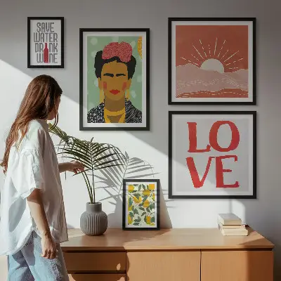 Väggdekoration i form av tavelset väggmotiv med boho-stil blommor och kvinna