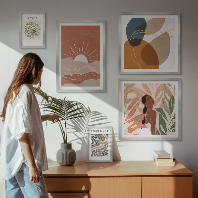 Tavelvägg med 5 tavlor Abstrakta växtmotiv i boho-stil