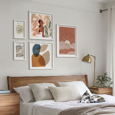 Tavelvägg med 5 tavlor Abstrakta växtmotiv i boho-stil