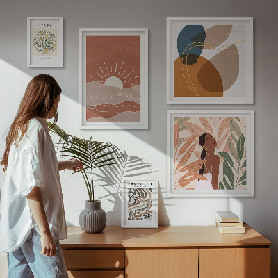 Tavelvägg med 5 tavlor Abstrakta växtmotiv i boho-stil