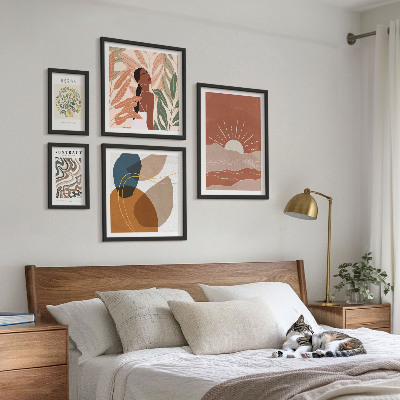 Tavelvägg med 5 tavlor Abstrakta växtmotiv i boho-stil