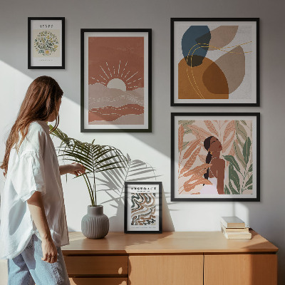 Tavelvägg med 5 tavlor Abstrakta växtmotiv i boho-stil
