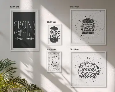Tavelvägg med 5 tavlor med motiv av köksinspiration och matlagning