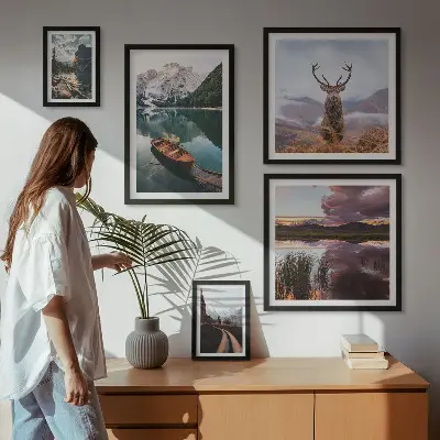 Tavelset väggdekoration med motiv av berg sjöar och natur