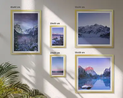 Tavelvägg med 5 tavlor med motiv av bergsjöar och skogslandskap