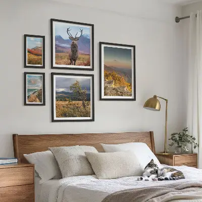 Tavelvägg med 5 tavlor med motiv av bergsdjurslandskap