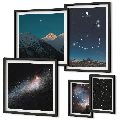 Tavelvägg med 5 tavlor med kosmiska landskapskonstellationer