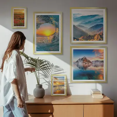 Väggdekoration tavelset med motiv av naturlandskap med hav, berg och blommor