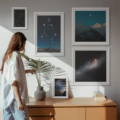 Tavelvägg med 5 tavlor med motiv av kosmiska himmelslandskap