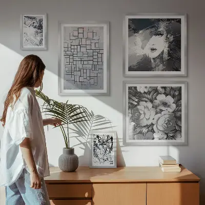 Tavelset väggdekoration med abstrakta blommor och moderna porträtt