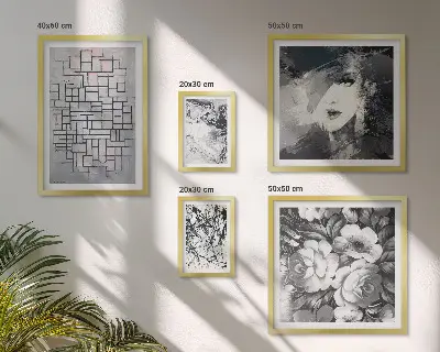 Tavelset väggdekoration med abstrakta blommor och moderna porträtt