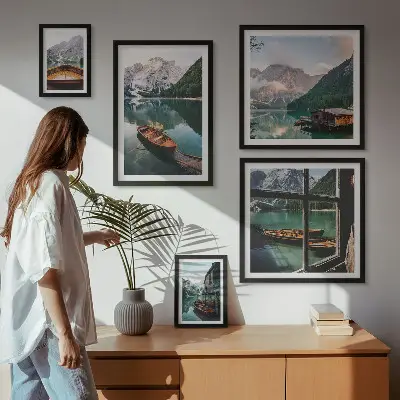 Tavelset med 5 delar motiv med sjöar, berg, båtar och landskap