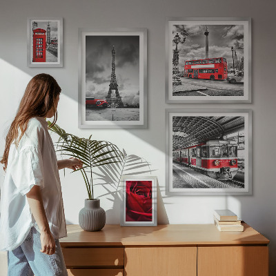 Tavelvägg med 5 tavlor Arkitektoniska ikoner och fordon