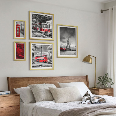 Tavelvägg med 5 tavlor Arkitektoniska ikoner och fordon