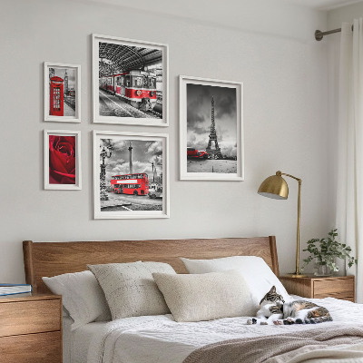 Tavelvägg med 5 tavlor Arkitektoniska ikoner och fordon