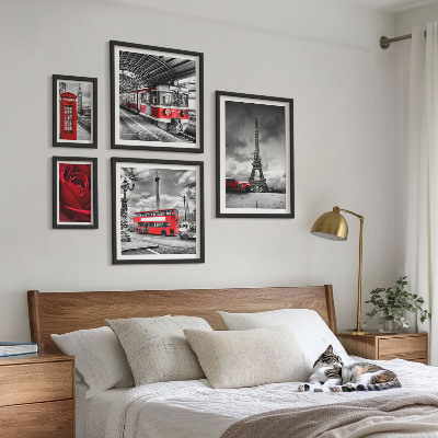 Tavelvägg med 5 tavlor Arkitektoniska ikoner och fordon