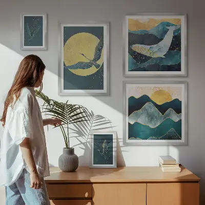 Set med 5 tavlor fåglar i bergen i modern stil