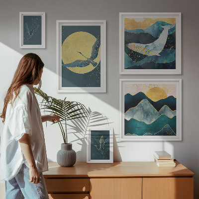 Set om 5 tavlor Fåglar berg modern stil