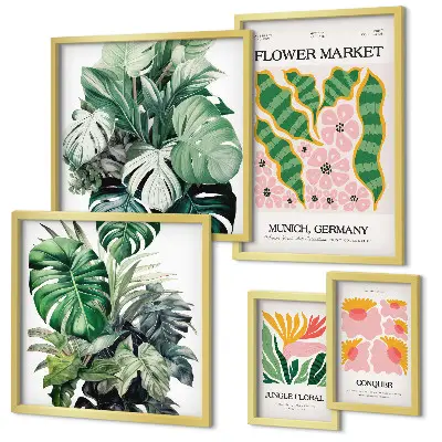 Tavelvägg med 5 tavlor växtmotiv i boho-stil med blommor