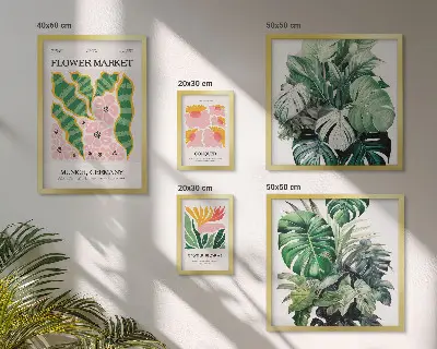 Tavelvägg med 5 tavlor växtmotiv i boho-stil med blommor