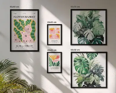 Tavelvägg med 5 tavlor växtmotiv i boho-stil med blommor