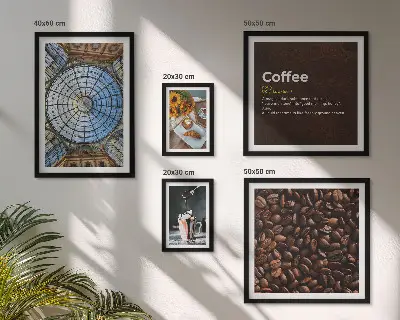 Kaffegodis i rustik stil tavelvägg med 5 tavlor