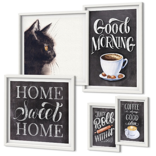 Set om 5 tavlor Positiva slogans för kaffekatt