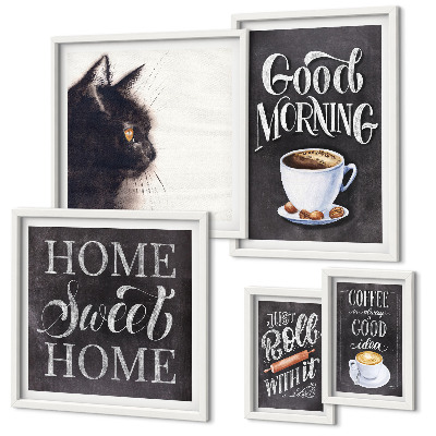 Set om 5 tavlor Positiva slogans för kaffekatt
