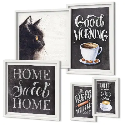Positiva slogans för kaffekatt set om 5 tavlor