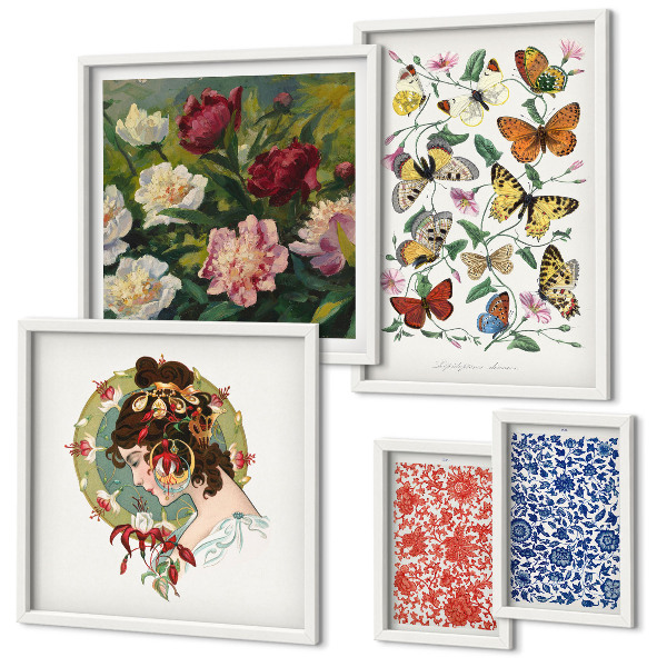 Tavelvägg med 5 tavlor Blommor fjärilar vintage dekorationer
