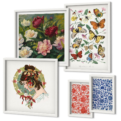 Tavelvägg med 5 tavlor Blommor fjärilar vintage dekorationer