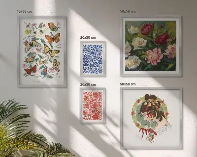 Tavelvägg med 5 tavlor med vintage-motiv av blommor och fjärilar