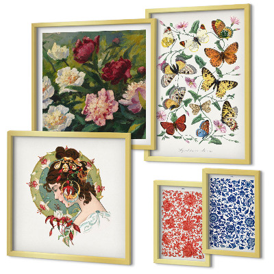 Tavelvägg med 5 tavlor Blommor fjärilar vintage dekorationer