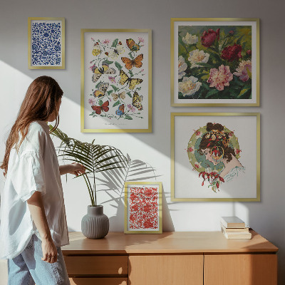 Tavelvägg med 5 tavlor Blommor fjärilar vintage dekorationer