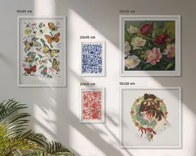 Tavelvägg med 5 tavlor med vintage-motiv av blommor och fjärilar